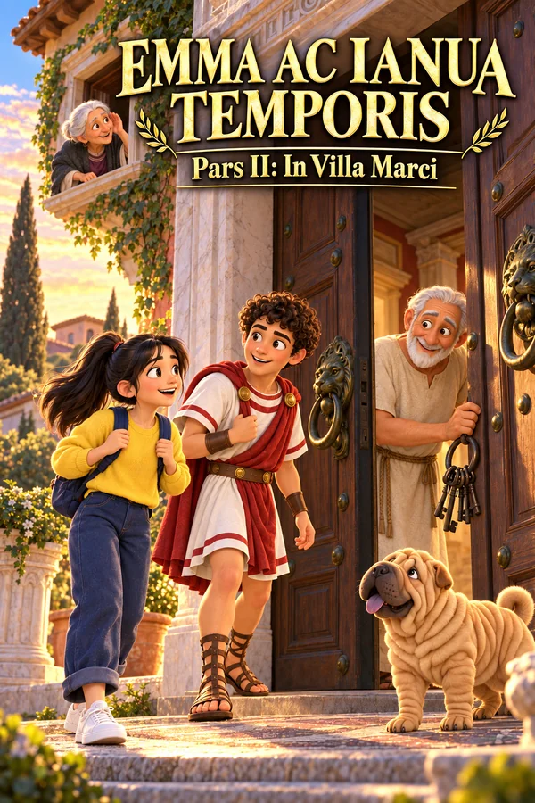 Copertina di «Emma ac ianua temporis – Pars II»: Emma, con felpa gialla e zaino, e Marco in tunica bianca e rossa salgono i gradini della villa; il portinaio Davo apre il portone con un mazzo di chiavi, il cane Teseo li accoglie e la nonna si affaccia dalla finestra.