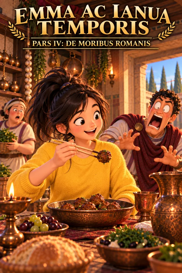 Copertina di «Emma ac ianua temporis – Pars IV»: Emma, con felpa gialla, a una tavola romana apparecchiata porta alla bocca una polpetta con le bacchette; dietro di lei Iulius, in toga rossa, alza le mani sconvolto e sullo sfondo, in cucina, una serva la guarda stupita.