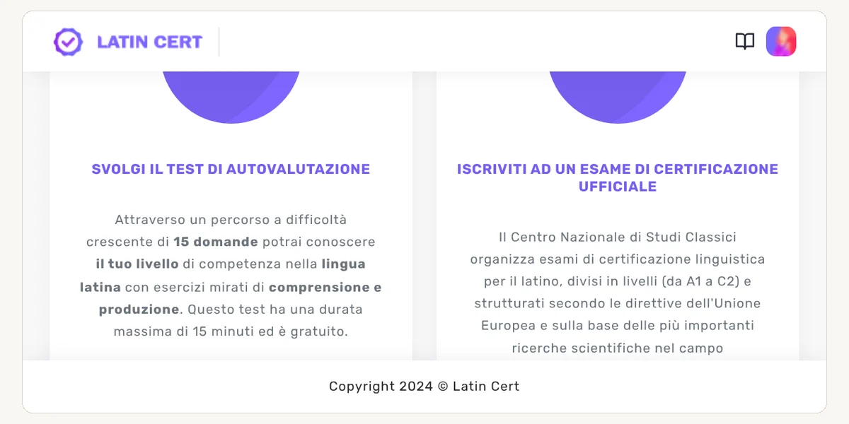 Il sito di LatinCert con le due sezioni «Svolgi il test di autovalutazione» e «Iscriviti ad un esame di certificazione ufficiale»